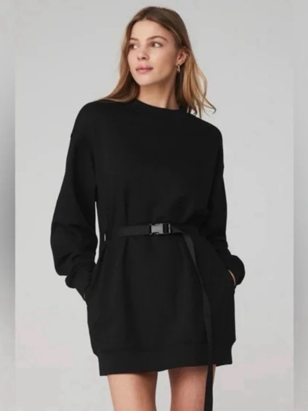 Alo Black Women's Belted Crewneck Sweater Dress